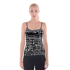 Dark Seamless Pattern With Houses Doodle House Monochrome Spaghetti Strap Top by Cemarart