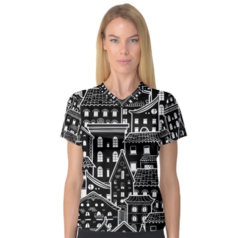 Dark Seamless Pattern With Houses Doodle House Monochrome V-neck Sport Mesh T-shirt by Cemarart