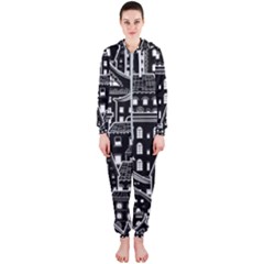 Dark Seamless Pattern With Houses Doodle House Monochrome Hooded Jumpsuit (ladies) by Cemarart