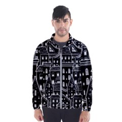 Dark Seamless Pattern With Houses Doodle House Monochrome Men s Windbreaker by Cemarart