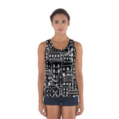 Dark Seamless Pattern With Houses Doodle House Monochrome Sport Tank Top  by Cemarart