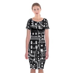 Dark Seamless Pattern With Houses Doodle House Monochrome Classic Short Sleeve Midi Dress by Cemarart