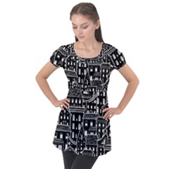 Dark Seamless Pattern With Houses Doodle House Monochrome Puff Sleeve Tunic Top by Cemarart