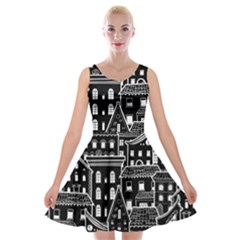 Dark Seamless Pattern With Houses Doodle House Monochrome Velvet Skater Dress by Cemarart