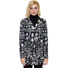 Dark Seamless Pattern With Houses Doodle House Monochrome Button Up Hooded Coat  by Cemarart