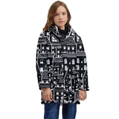 Dark Seamless Pattern With Houses Doodle House Monochrome Kids  Hooded Longline Puffer Jacket by Cemarart