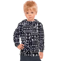 Dark Seamless Pattern With Houses Doodle House Monochrome Kids  Hooded Pullover