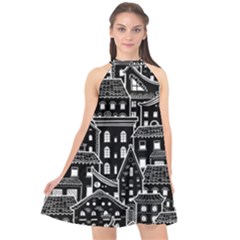 Dark Seamless Pattern With Houses Doodle House Monochrome Halter Neckline Chiffon Dress  by Cemarart