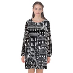 Dark Seamless Pattern With Houses Doodle House Monochrome Long Sleeve Chiffon Shift Dress  by Cemarart