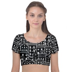 Dark Seamless Pattern With Houses Doodle House Monochrome Velvet Short Sleeve Crop Top 