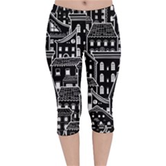 Dark Seamless Pattern With Houses Doodle House Monochrome Velvet Capri Leggings  by Cemarart