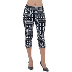 Dark Seamless Pattern With Houses Doodle House Monochrome Lightweight Velour Capri Leggings  by Cemarart