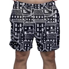 Dark Seamless Pattern With Houses Doodle House Monochrome Men s Shorts by Cemarart