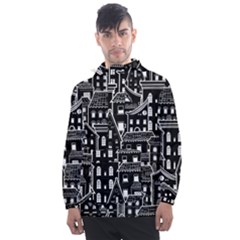 Dark Seamless Pattern With Houses Doodle House Monochrome Men s Front Pocket Pullover Windbreaker by Cemarart