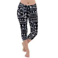 Dark Seamless Pattern With Houses Doodle House Monochrome Lightweight Velour Capri Yoga Leggings