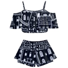 Dark Seamless Pattern With Houses Doodle House Monochrome Kids  Off Shoulder Skirt Bikini by Cemarart