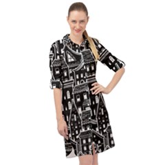 Dark Seamless Pattern With Houses Doodle House Monochrome Long Sleeve Mini Shirt Dress by Cemarart