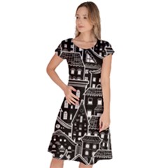 Dark Seamless Pattern With Houses Doodle House Monochrome Classic Short Sleeve Dress by Cemarart