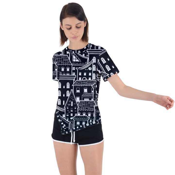 Dark Seamless Pattern With Houses Doodle House Monochrome Asymmetrical Short Sleeve Sports T-Shirt