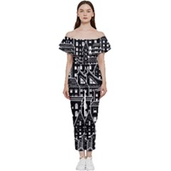 Dark Seamless Pattern With Houses Doodle House Monochrome Bardot Ruffle Jumpsuit by Cemarart