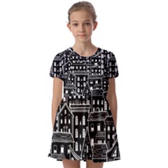 Dark Seamless Pattern With Houses Doodle House Monochrome Kids  Short Sleeve Pinafore Style Dress by Cemarart