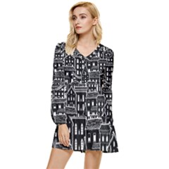 Dark Seamless Pattern With Houses Doodle House Monochrome Tiered Long Sleeve Mini Dress by Cemarart