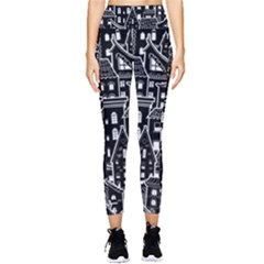 Dark Seamless Pattern With Houses Doodle House Monochrome Pocket Leggings  by Cemarart