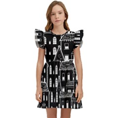 Dark Seamless Pattern With Houses Doodle House Monochrome Kids  Winged Sleeve Dress by Cemarart