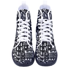 Dark Seamless Pattern With Houses Doodle House Monochrome Kid s High-top Canvas Sneakers