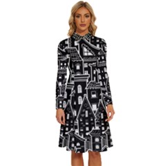 Dark Seamless Pattern With Houses Doodle House Monochrome Long Sleeve Shirt Collar A-line Dress by Cemarart