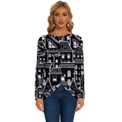 Dark Seamless Pattern With Houses Doodle House Monochrome Long Sleeve Crew Neck Pullover Top by Cemarart