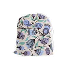 Bird Floral Blue Flower Retro Seamless Pattern Drawstring Pouch (large) by Cemarart