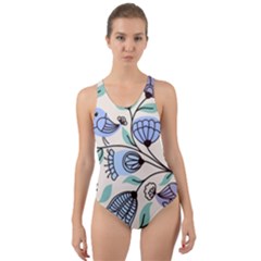 Bird Floral Blue Flower Retro Seamless Pattern Cut-out Back One Piece Swimsuit by Cemarart