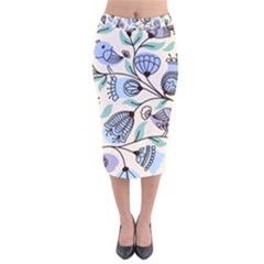 Bird Floral Blue Flower Retro Seamless Pattern Velvet Midi Pencil Skirt by Cemarart