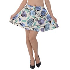 Bird Floral Blue Flower Retro Seamless Pattern Velvet Skater Skirt by Cemarart