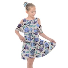 Bird Floral Blue Flower Retro Seamless Pattern Kids  Shoulder Cutout Chiffon Dress by Cemarart