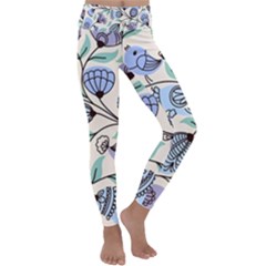 Bird Floral Blue Flower Retro Seamless Pattern Kids  Lightweight Velour Classic Yoga Leggings by Cemarart