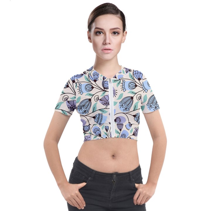 Bird Floral Blue Flower Retro Seamless Pattern Short Sleeve Cropped Jacket