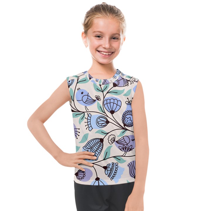 Bird Floral Blue Flower Retro Seamless Pattern Kids  Mesh Tank Top