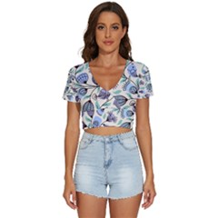 Bird Floral Blue Flower Retro Seamless Pattern V-neck Crop Top by Cemarart