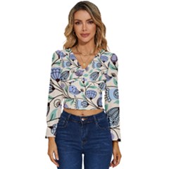 Bird Floral Blue Flower Retro Seamless Pattern Long Sleeve V-neck Top by Cemarart