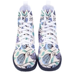 Bird Floral Blue Flower Retro Seamless Pattern Kid s High-top Canvas Sneakers by Cemarart