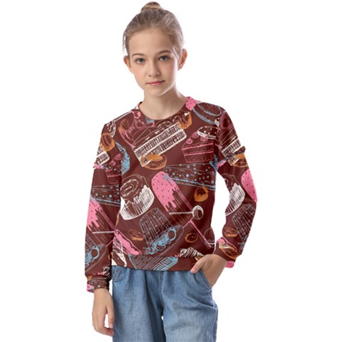 Sweet Food Seamless Pattern Kids  Long Sleeve T-shirt With Frill  by Cemarart