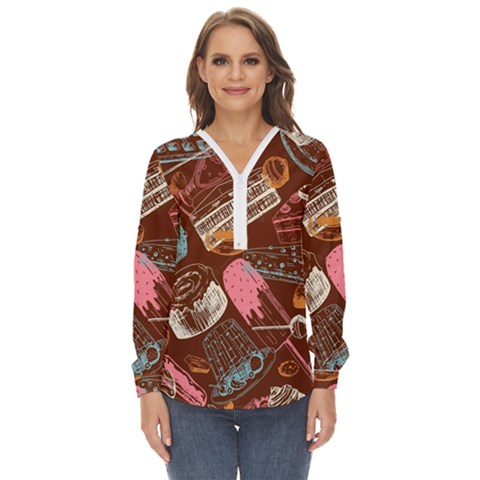 Sweet Food Seamless Pattern Zip Up Long Sleeve Blouse by Cemarart