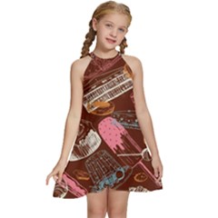 Sweet Food Seamless Pattern Kids  Halter Collar Waist Tie Chiffon Dress by Cemarart