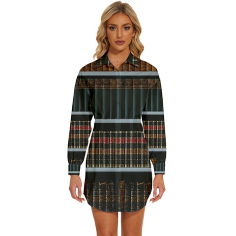 Books Bookshelf Library Education Womens Long Sleeve Shirt Dress by Grandong