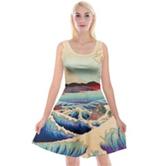 Wave Japanese Mount Fuji Reversible Velvet Sleeveless Dress