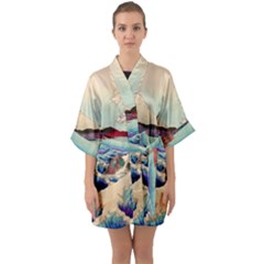 Wave Japanese Mount Fuji Half Sleeve Satin Kimono  by Grandong