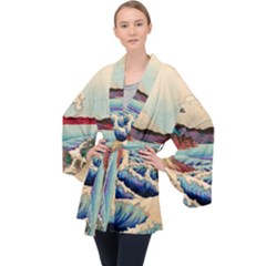 Wave Japanese Mount Fuji Long Sleeve Velvet Kimono  by Grandong