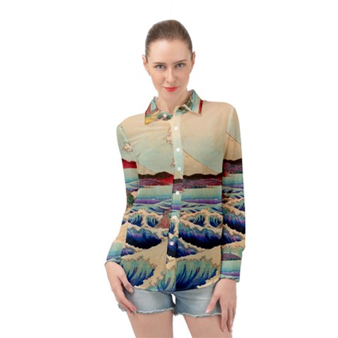 Wave Japanese Mount Fuji Long Sleeve Chiffon Shirt by Grandong